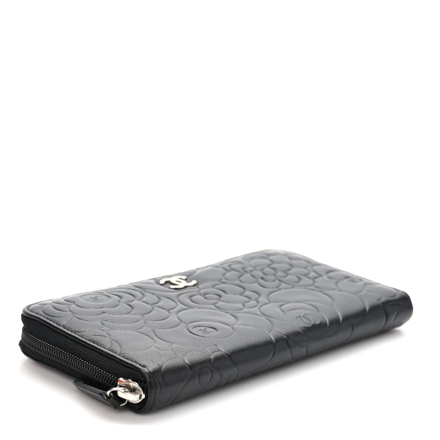 Lambskin Camellia Embossed Large Zip Around Gusset Wallet Black