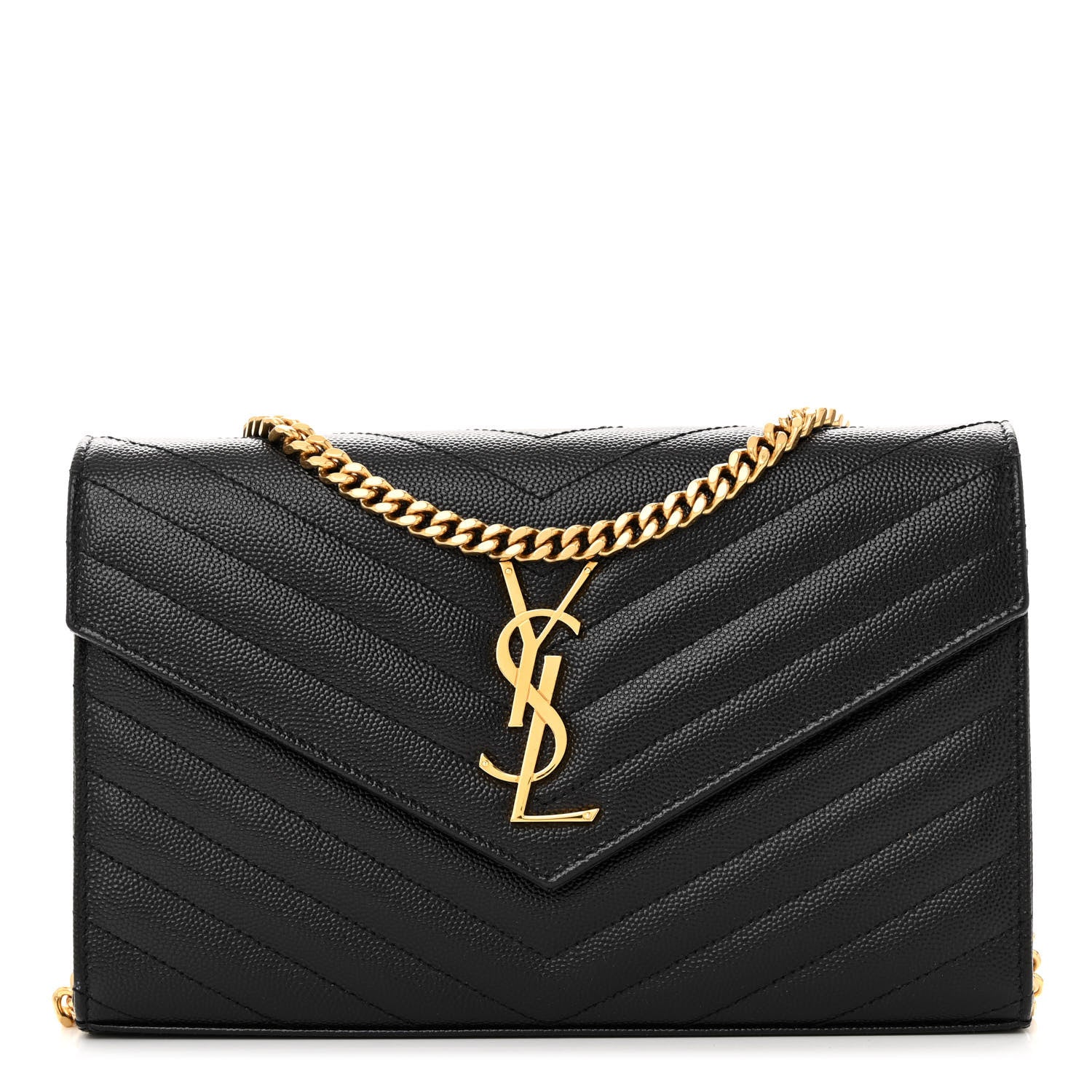 Saint Laurent Grain De Poudre Matelasse Chevron Monogram Chain Wallet Black 1 of 9