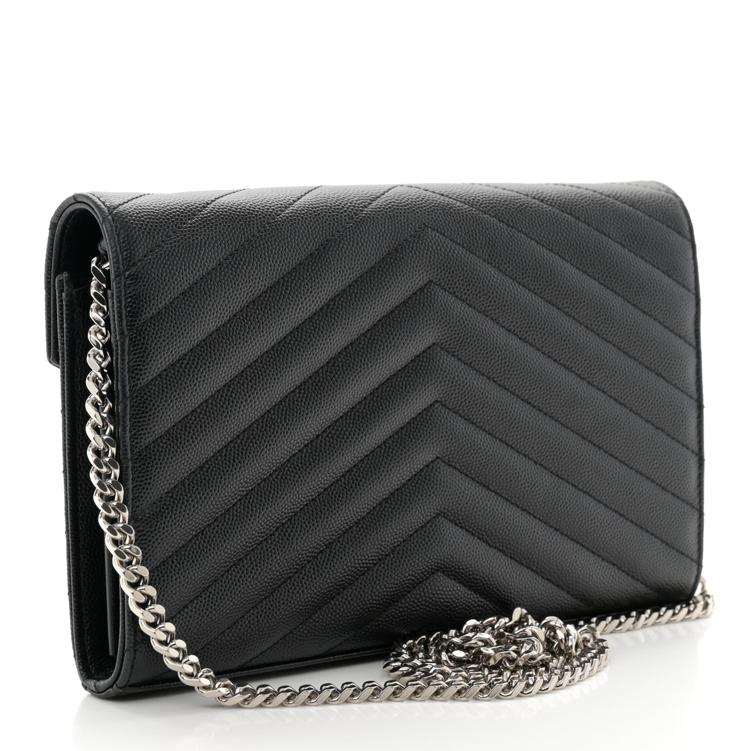 Saint Laurent Grain De Poudre Matelasse Chevron Monogram Chain Wallet Black 3 of 10
