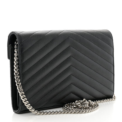Saint Laurent Grain De Poudre Matelasse Chevron Monogram Chain Wallet Black 3 of 10