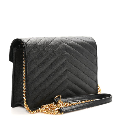 Saint Laurent Grain De Poudre Matelasse Chevron Monogram Envelope Chain Wallet Black 3 of 10