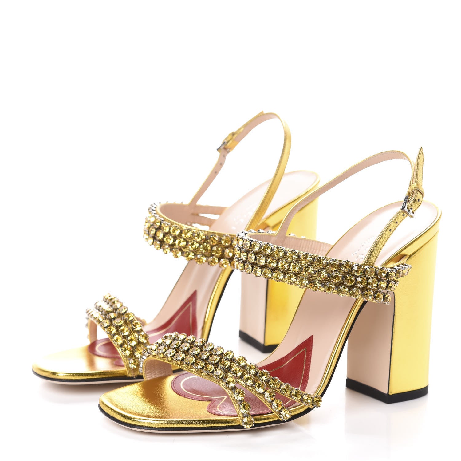 Gucci Nappa Silk Crystal Bertie High Heel Sandals 37.5 Gold 3 of 7