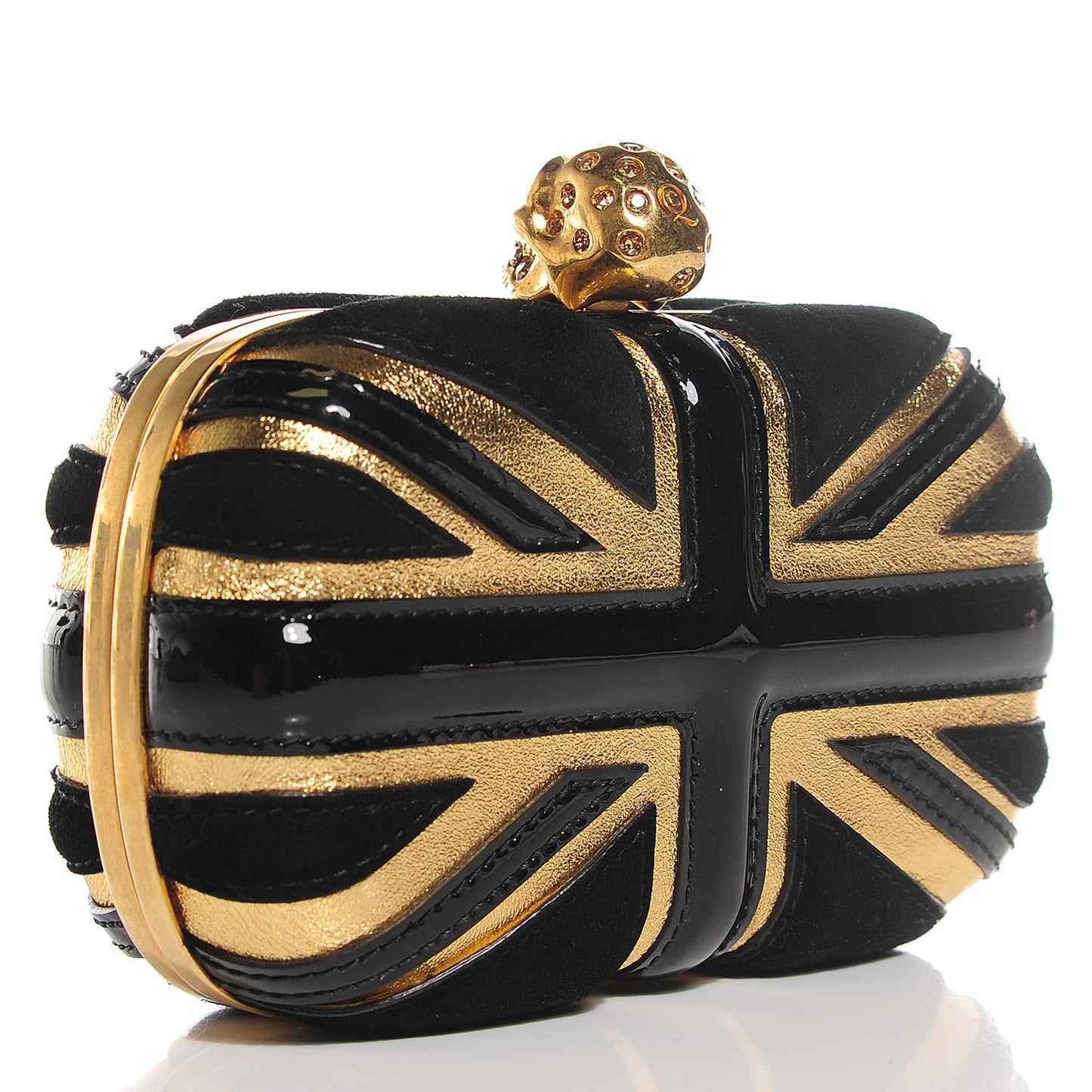 Patent Calfskin Suede Britannia Skull Box Clutch Black Gold