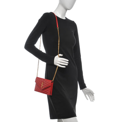 Saint Laurent Grain De Poudre Matelasse Chevron Monogram Envelope Chain Wallet New Red 2 of 8