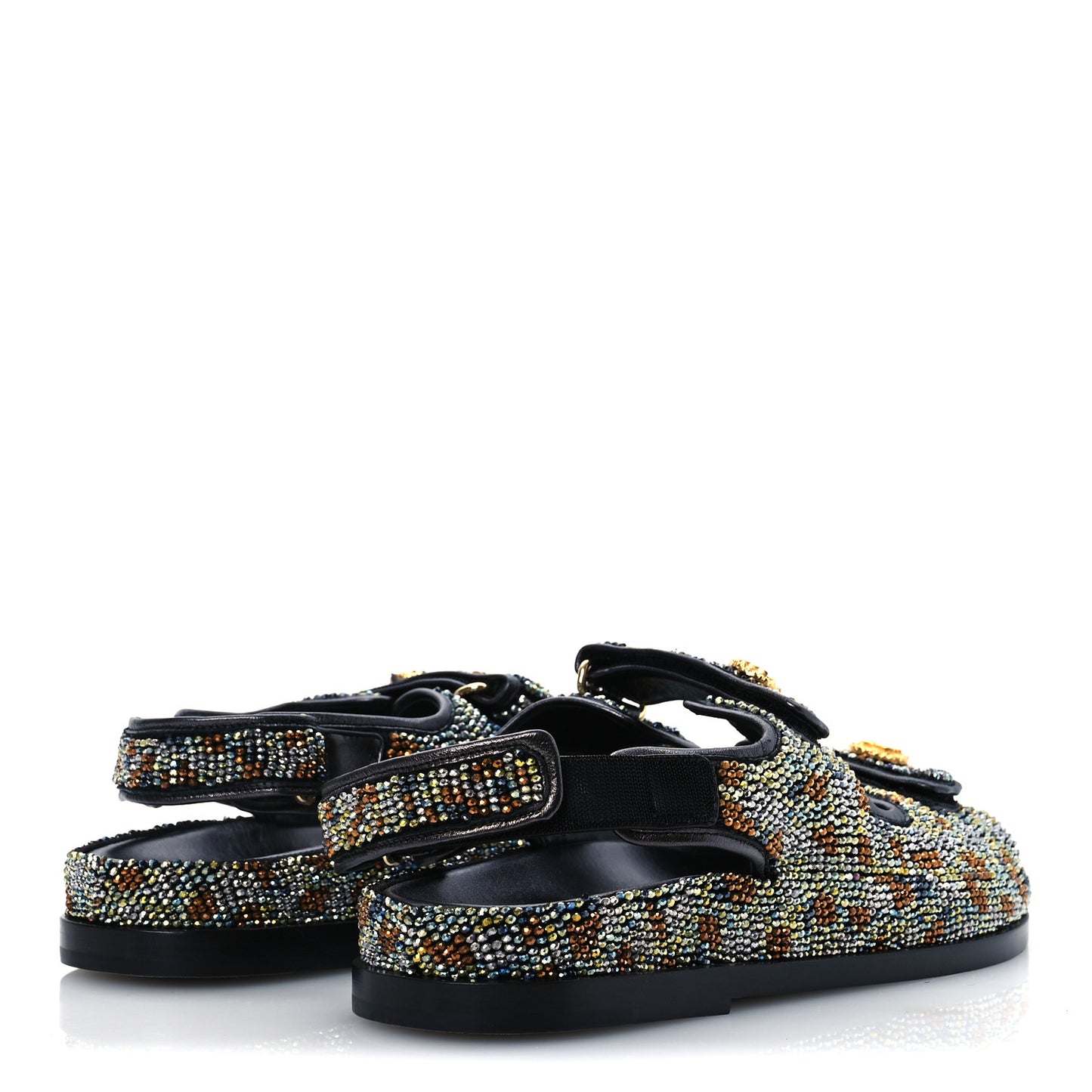 Grained Calfskin Crystal Velcro Dad Sandals 40 Black Multicolor
