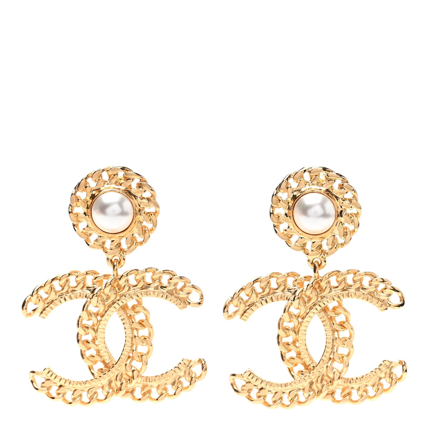 Metal Pearl CC Chain Drop Earrings Gold