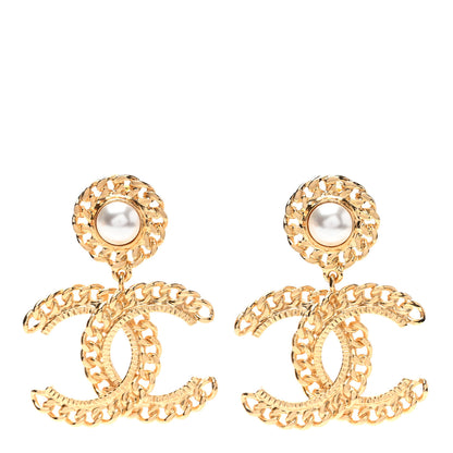 Chanel Metal Pearl CC Chain Drop Earrings Gold 1 of 4