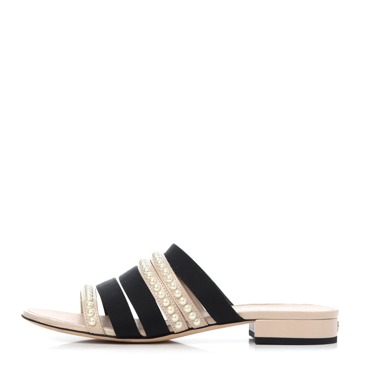 Patent Calfskin Grosgrain CC Pearl Mules 36 Beige Black