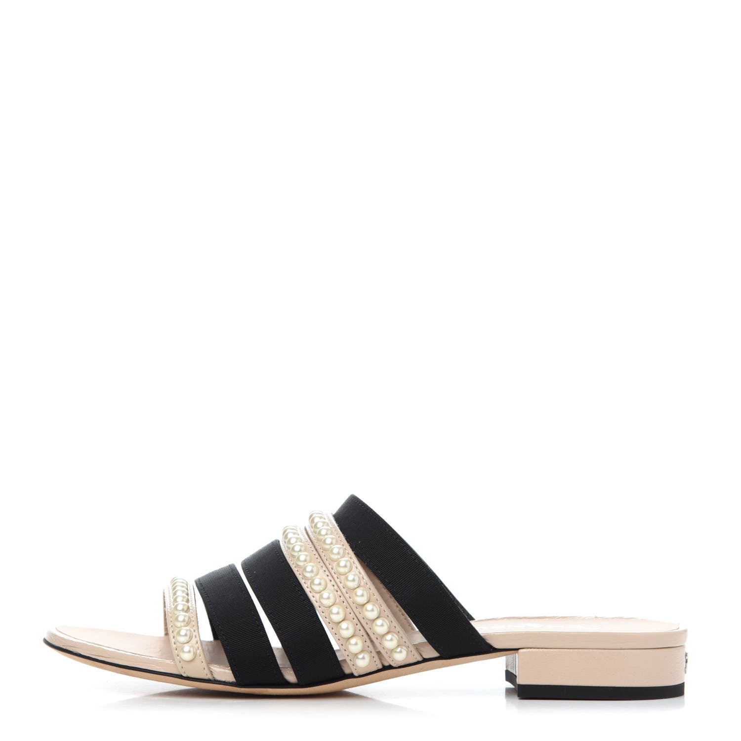 Chanel Patent Calfskin Grosgrain CC Pearl Mules 36 Beige Black 2 of 26