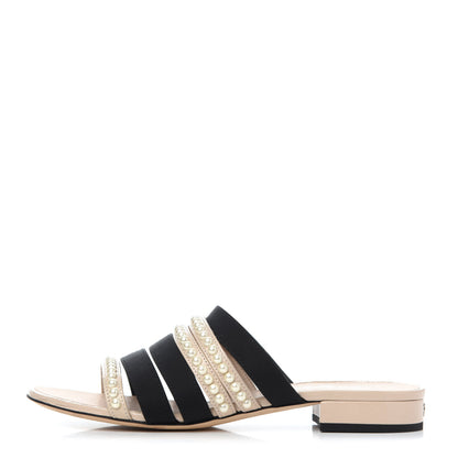 Chanel Patent Calfskin Grosgrain CC Pearl Mules 36 Beige Black 2 of 26