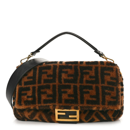 Fendi Shearling Vitello Dolce Macro FF 1974 Large Baguette Tobacco Black 1 of 8
