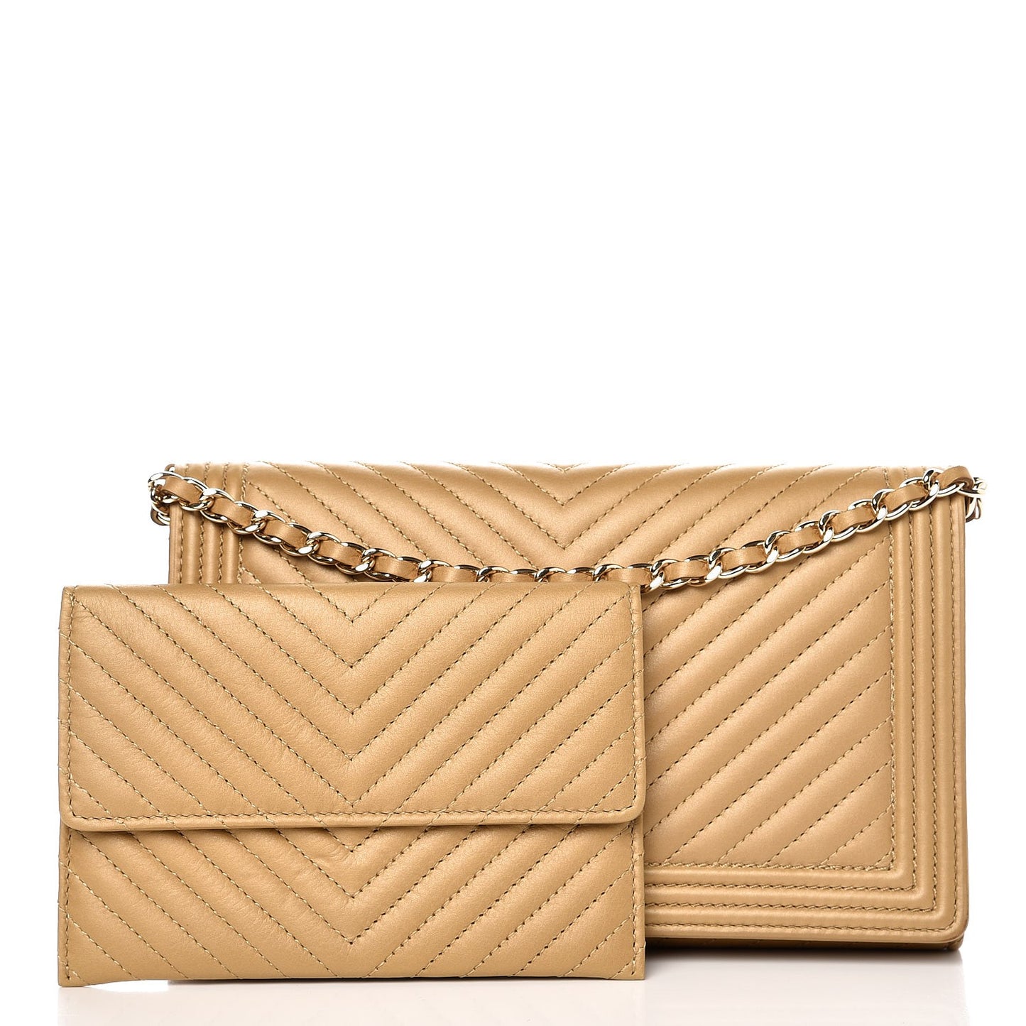 Calfskin Chevron Quilted Boy Wallet On Removable Chain WOC Dark Beige