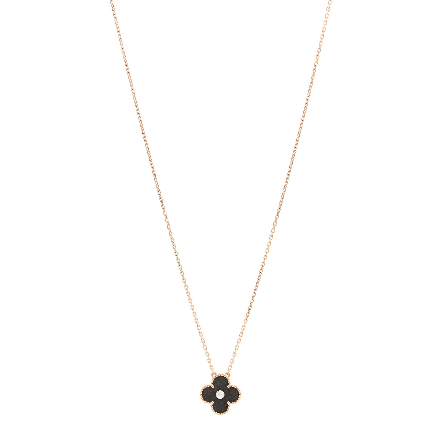 18K Rose Gold Diamond Silver Obsidian Vintage Alhambra Pendant Necklace