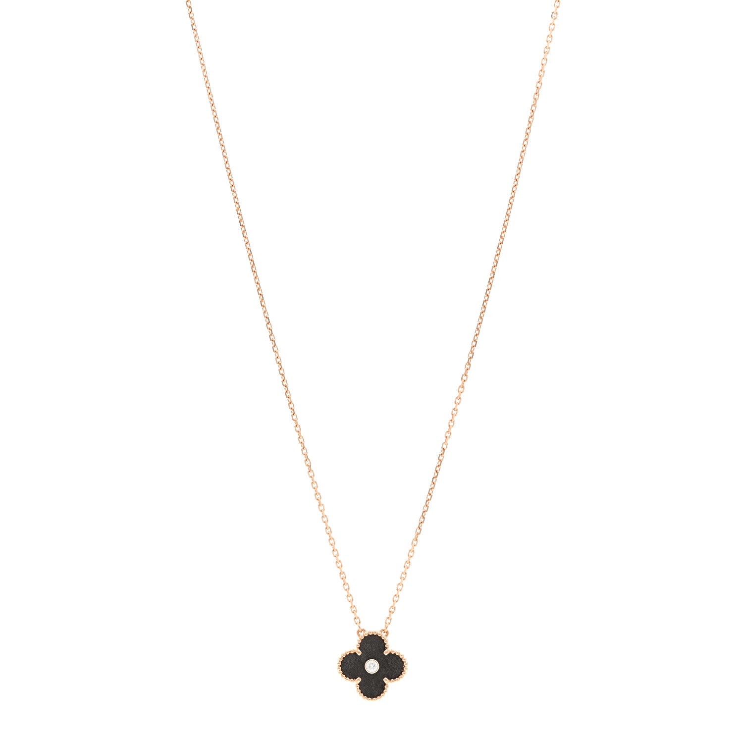 Van Cleef & Arpels 18K Rose Gold Diamond Silver Obsidian Vintage Alhambra Pendant Necklace 1 of 6