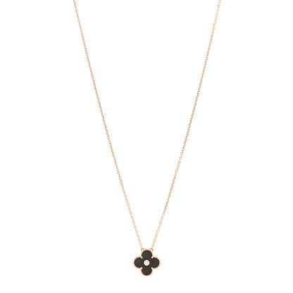 Van Cleef & Arpels 18K Rose Gold Diamond Silver Obsidian Vintage Alhambra Pendant Necklace 1 of 6