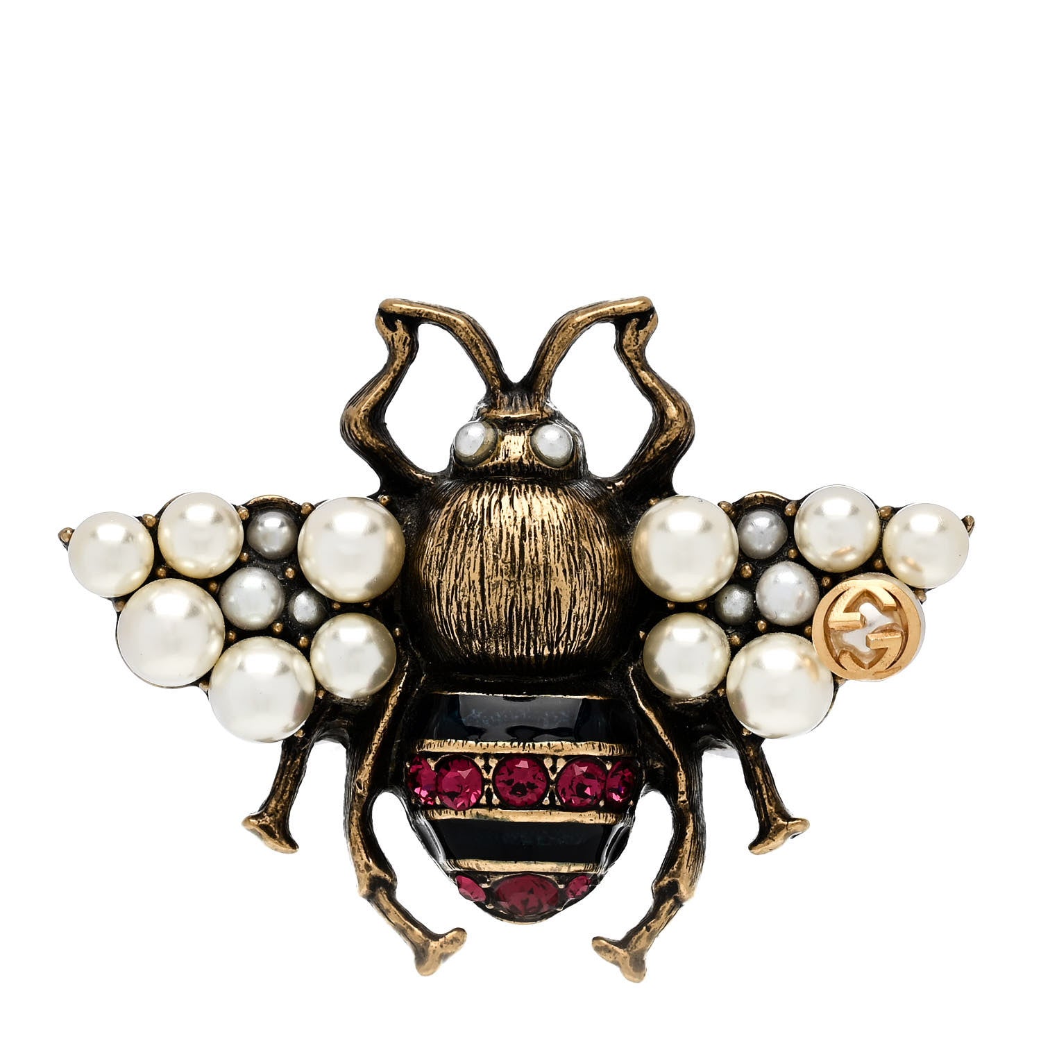 Gucci Metal Crystal Pearl Bee Ring 54 7 Aged Gold 1 of 7