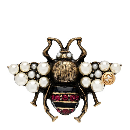 Gucci Metal Crystal Pearl Bee Ring 54 7 Aged Gold 1 of 7