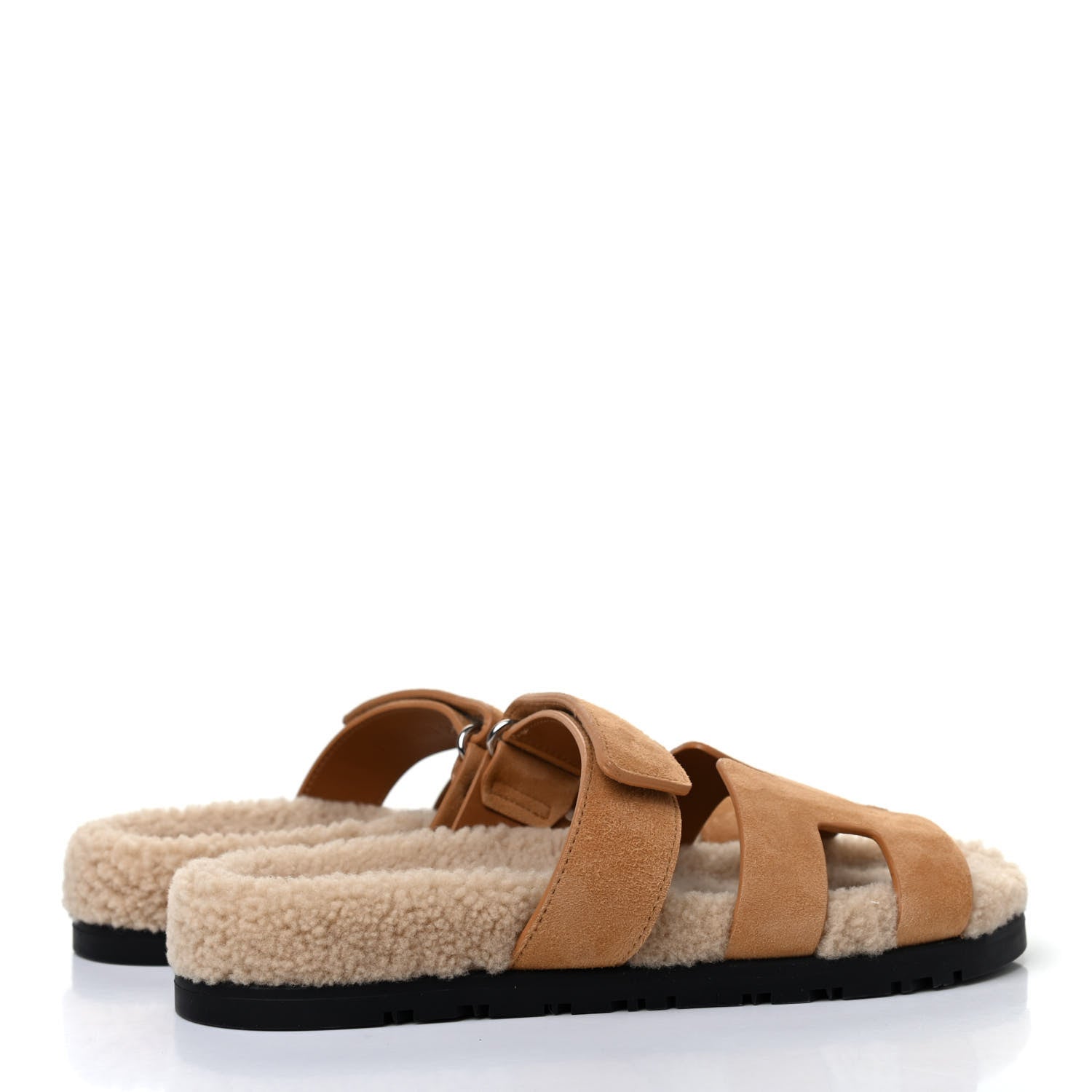 Hermes Suede Goatskin Woolskin Womens Chypre Sandals 38 Golden Beige 3 of 4