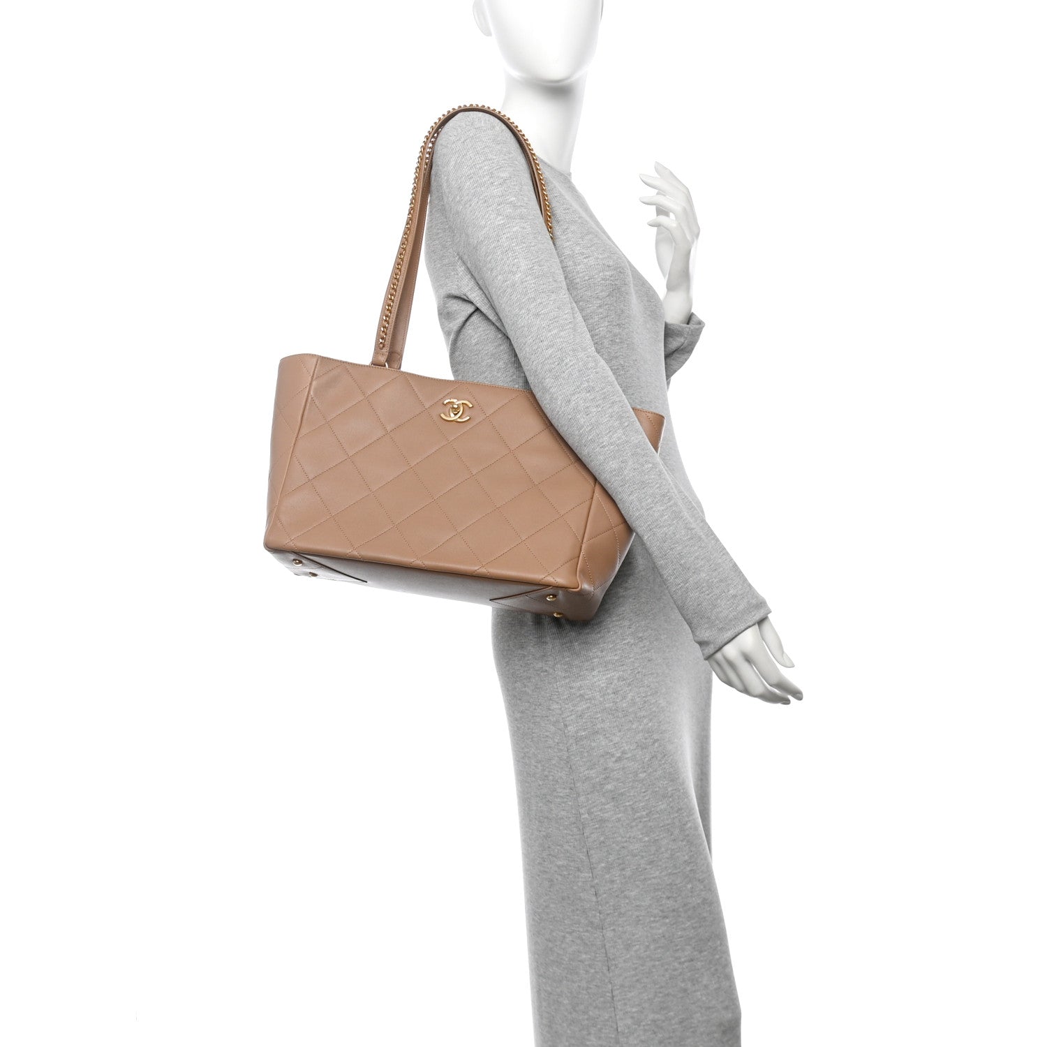 Chanel Calfskin Quilted Chain Shopping Tote Beige 2 of 10