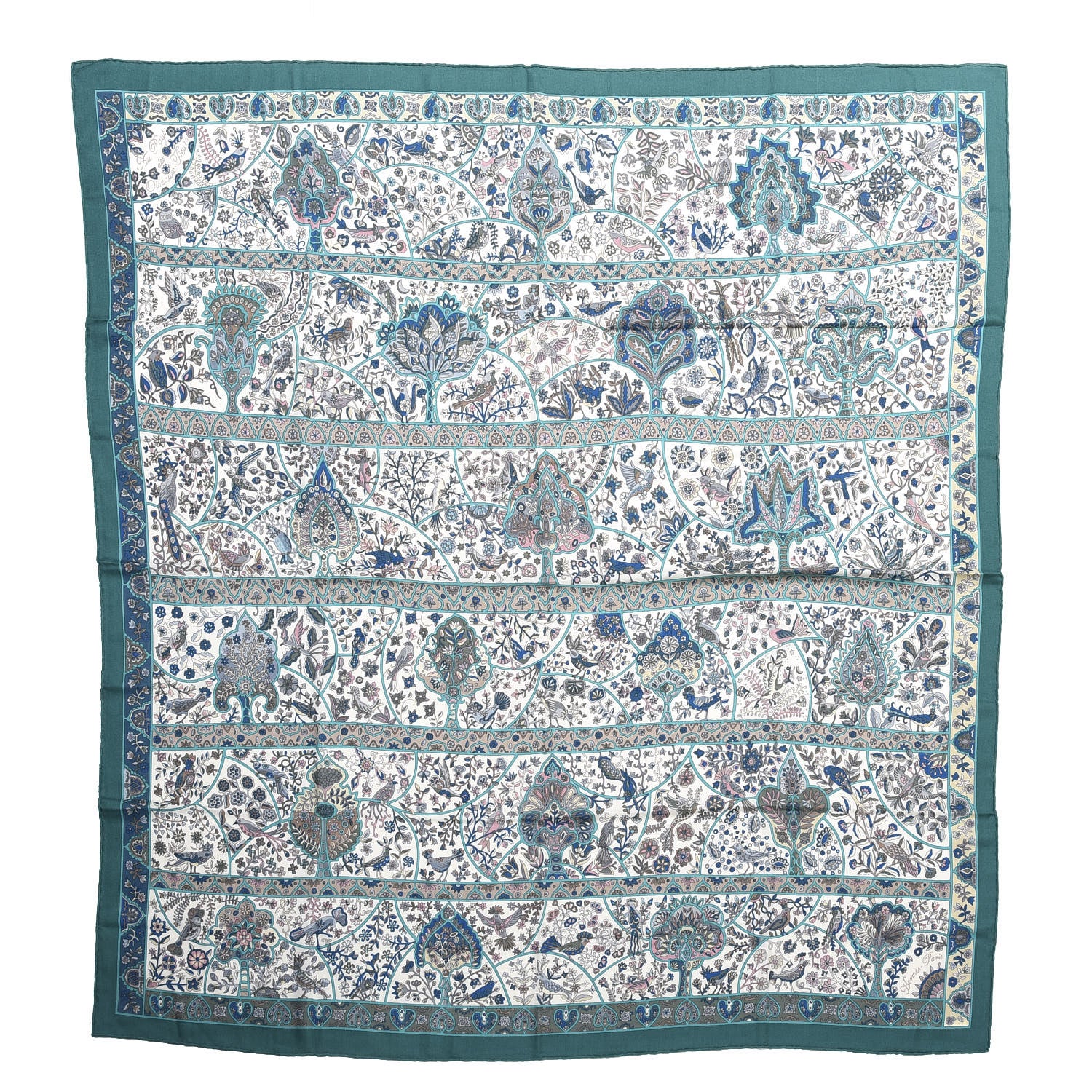 Hermes Cashmere Silk Au Pays Des Oiseaux Fleurs Shawl 140 Vert White Turquoise 1 of 4