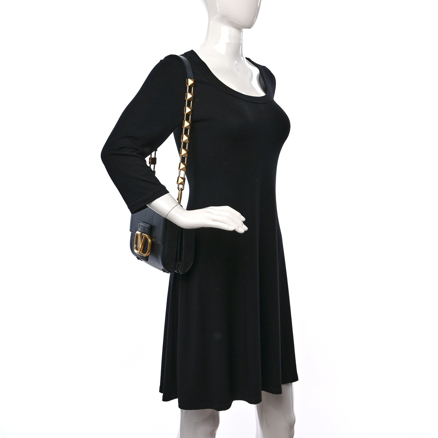 Grainy Calfskin Stud Sign Shoulder Bag Black