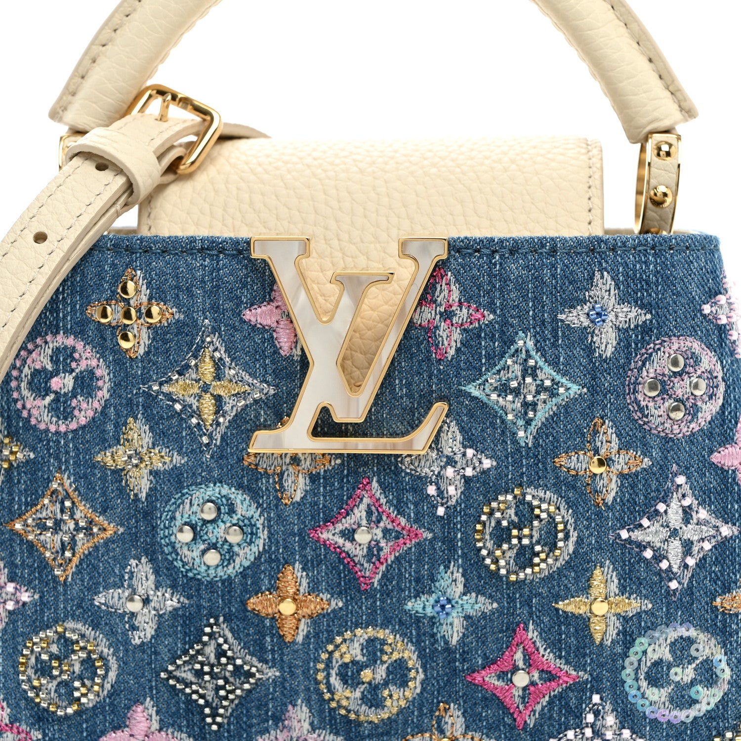 Louis Vuitton Denim Lurex Beaded Calfskin Capucines Mini Blue Cream 7 of 9
