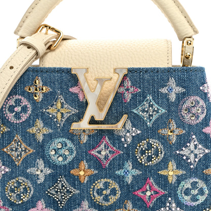 Louis Vuitton Denim Lurex Beaded Calfskin Capucines Mini Blue Cream 7 of 9
