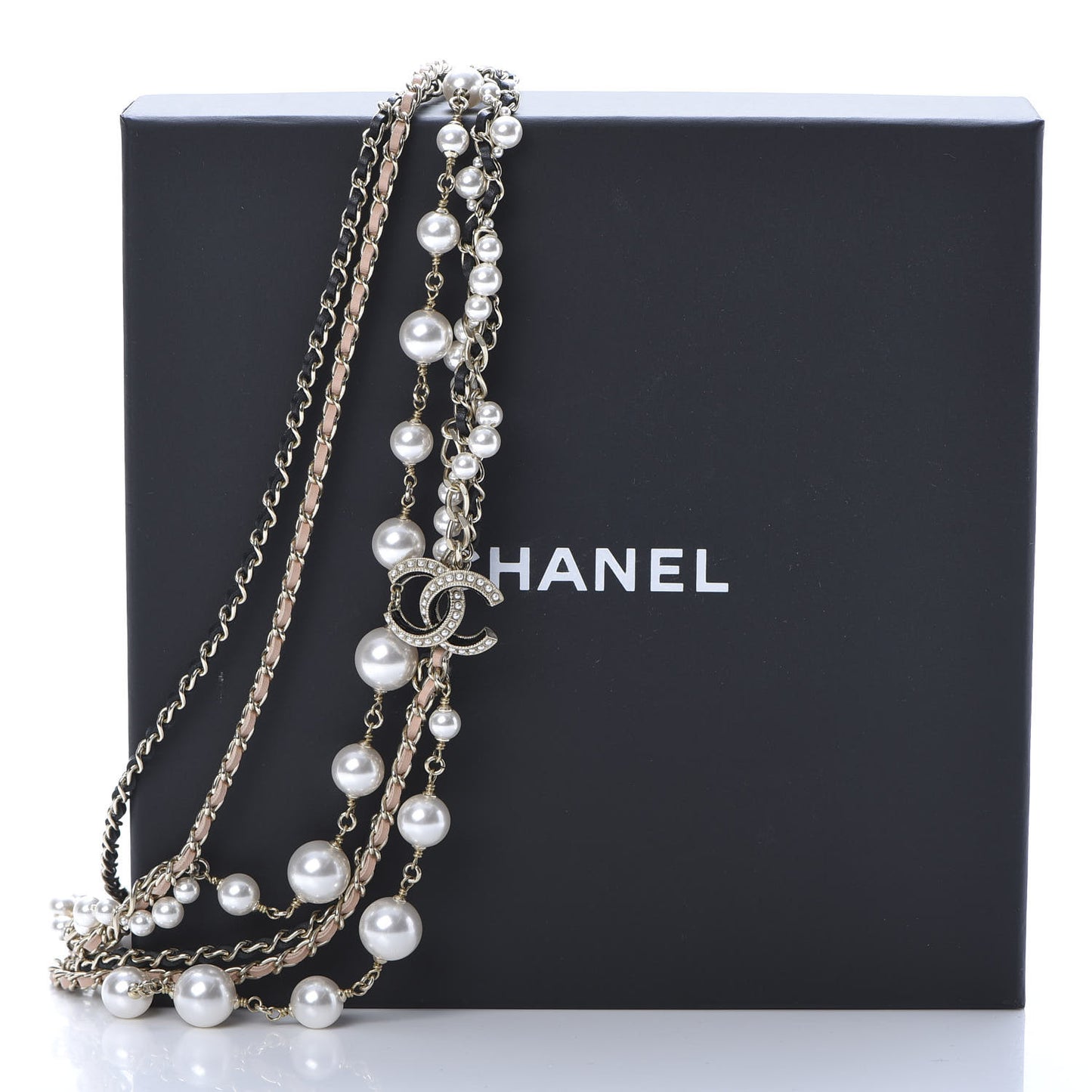 Pearl Lambskin Chain CC Multi Strand Necklace Gold Pink Black