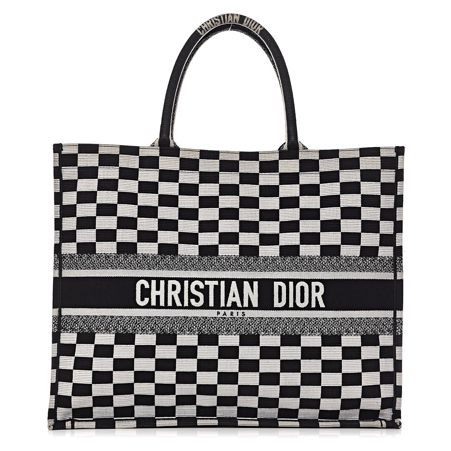 Canvas Embroidered Checkered Book Tote Black White