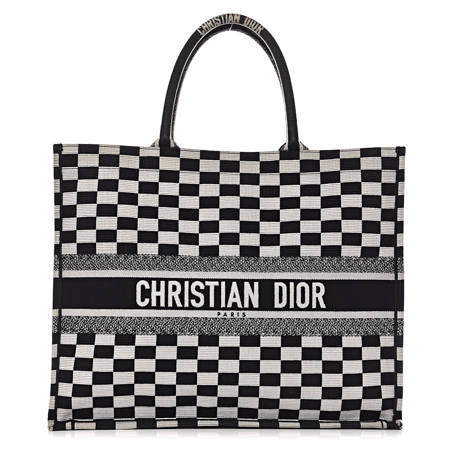 Christian Dior Canvas Embroidered Checkered Book Tote Black White 1 of 12