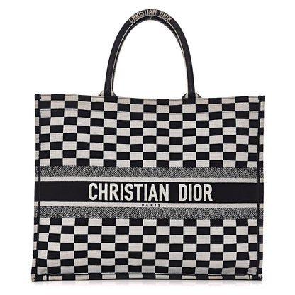 Christian Dior Canvas Embroidered Checkered Book Tote Black White 1 of 12