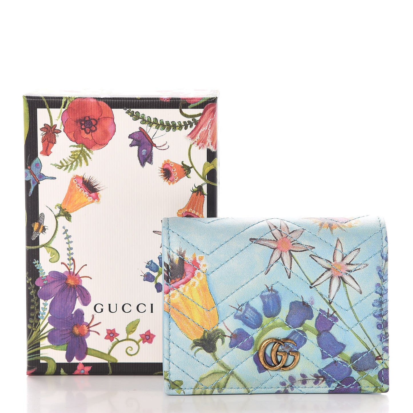 X UNSKILLED WORKER Calfskin Matelasse Flora Painted GG Marmont Card Case Wallet Cloudy Blue Multicolor