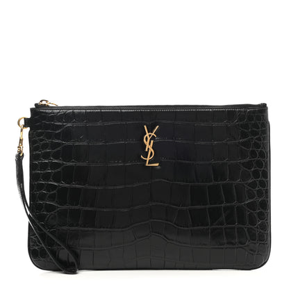 Saint Laurent Calfskin Crocodile Embossed Tablet Pouch Black 1 of 7