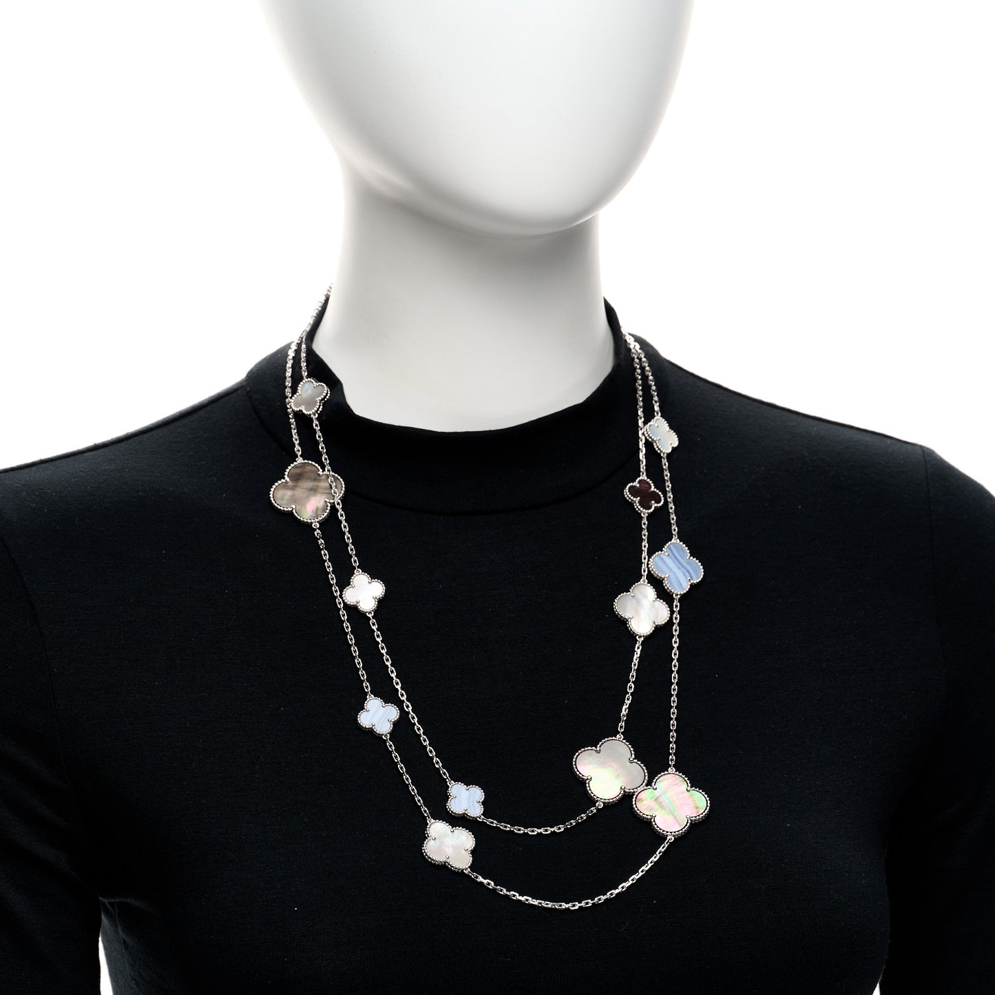 18K White Gold Mother of Pearl Chalcedony 16 Motifs Magic Alhambra Necklace