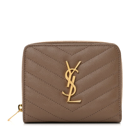 Saint Laurent Grain De Poudre Matelasse Chevron Monogram Compact Zip Around Wallet Taupe 1 of 8