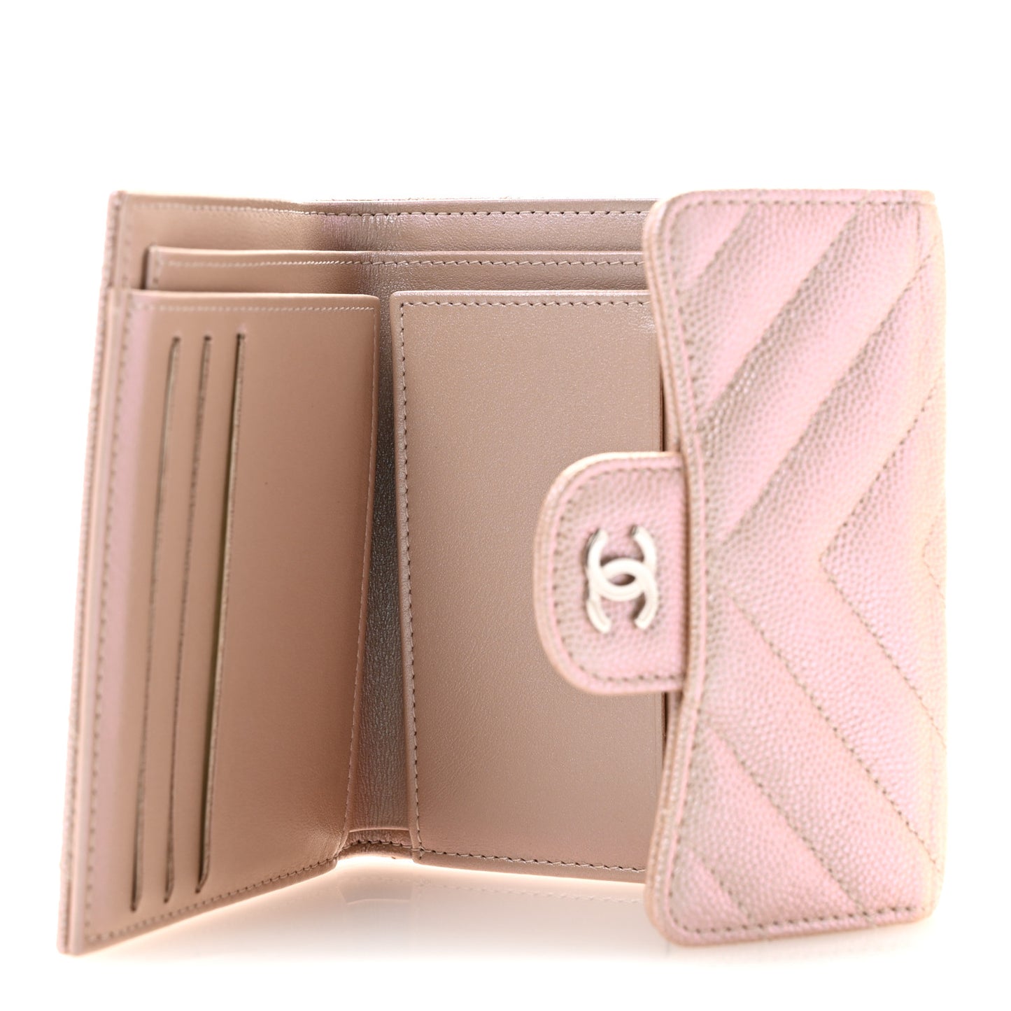 Metallic Caviar Chevron Quilted Compact Flap Wallet Light Gold