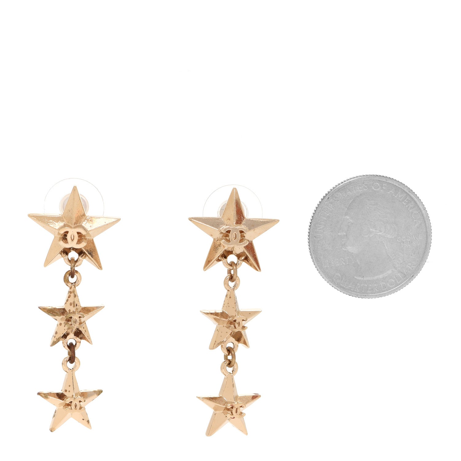 Chanel Metal CC Triple Star Drop Earrings Gold 2 of 5