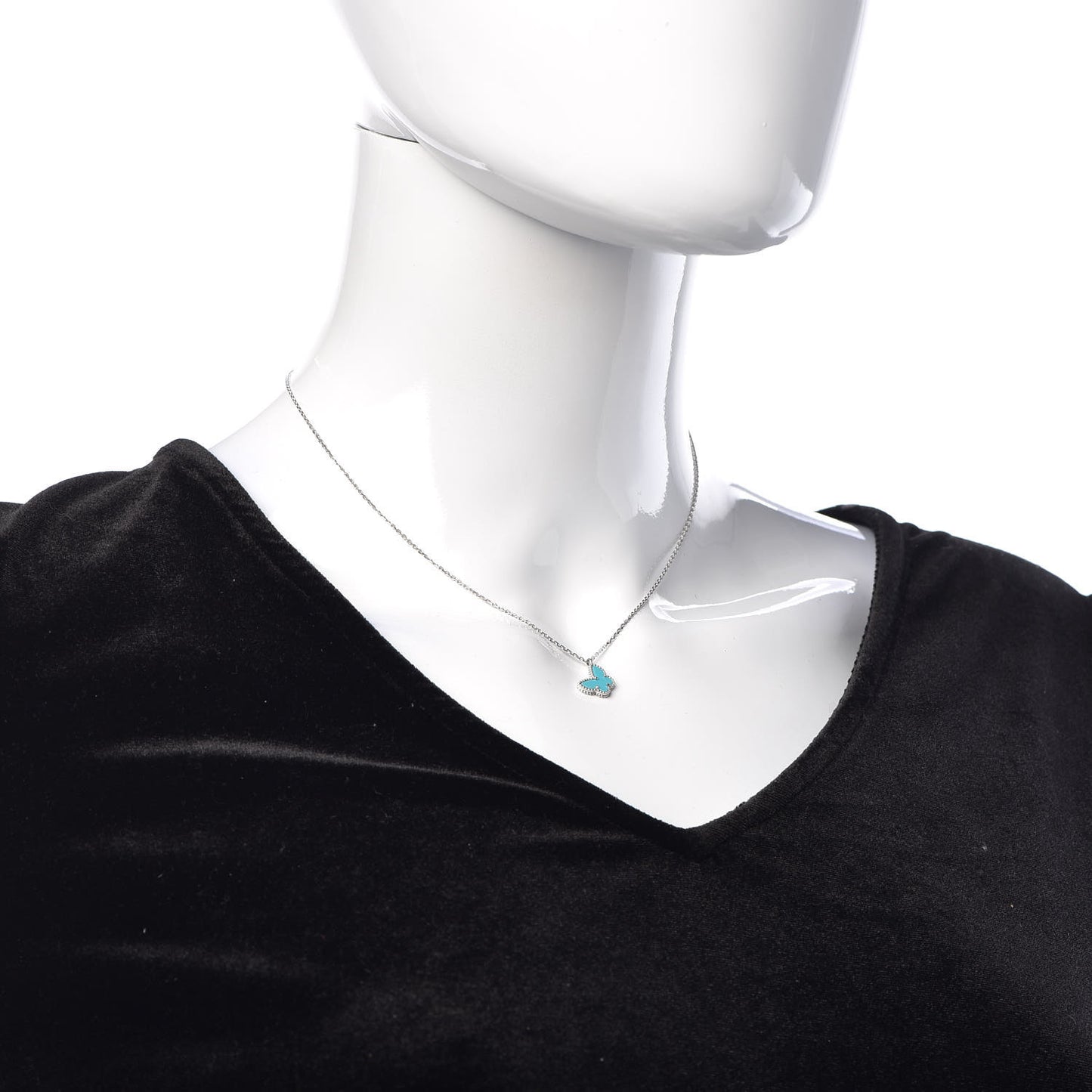 18K White Gold Turquoise Sweet Alhambra Butterfly Pendant Necklace
