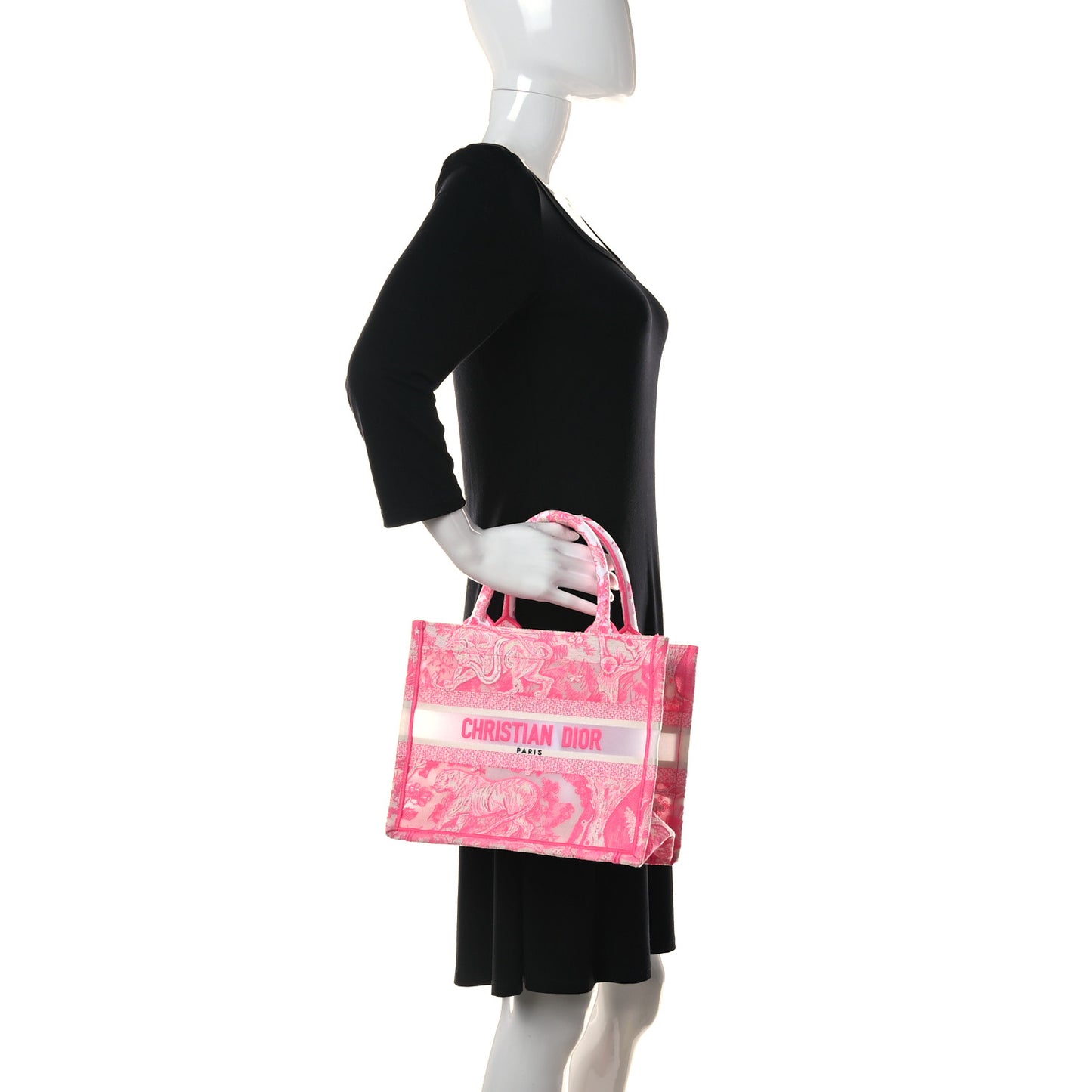 Transparent Canvas Embroidered Small Toile De Jouy Reverse Book Tote Fluorescent Pink