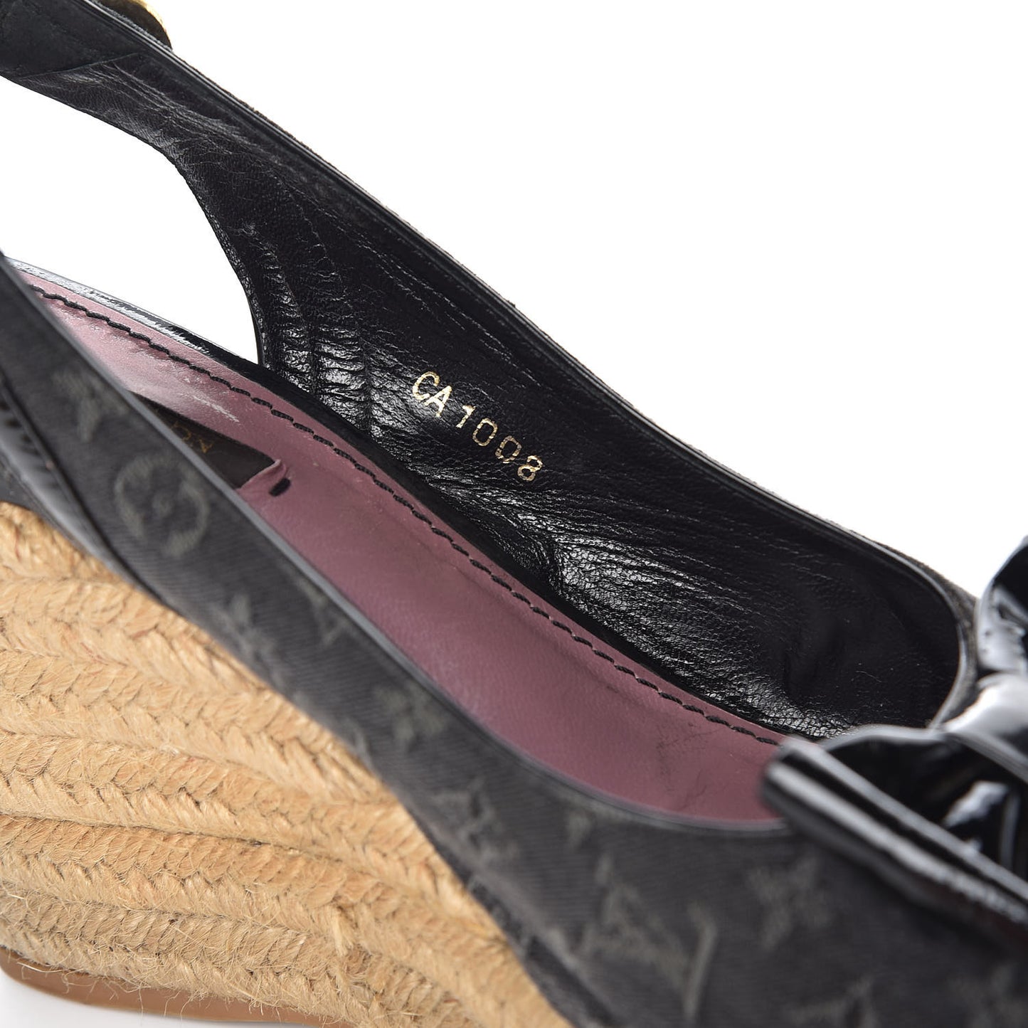 Denim Patent Monogram Bow Espadrille Wedges 38.5 Black