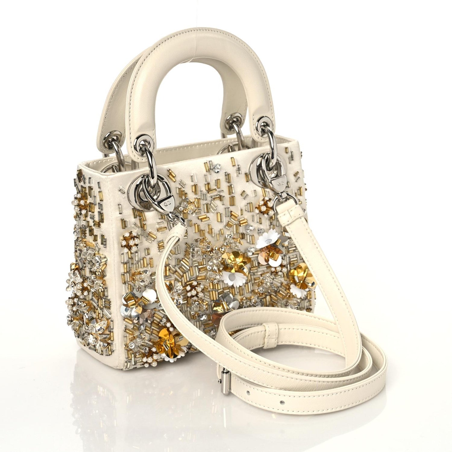Christian Dior Satin Lambskin Sequin Embroidered Mini Lady Dior White Gold 3 of 9