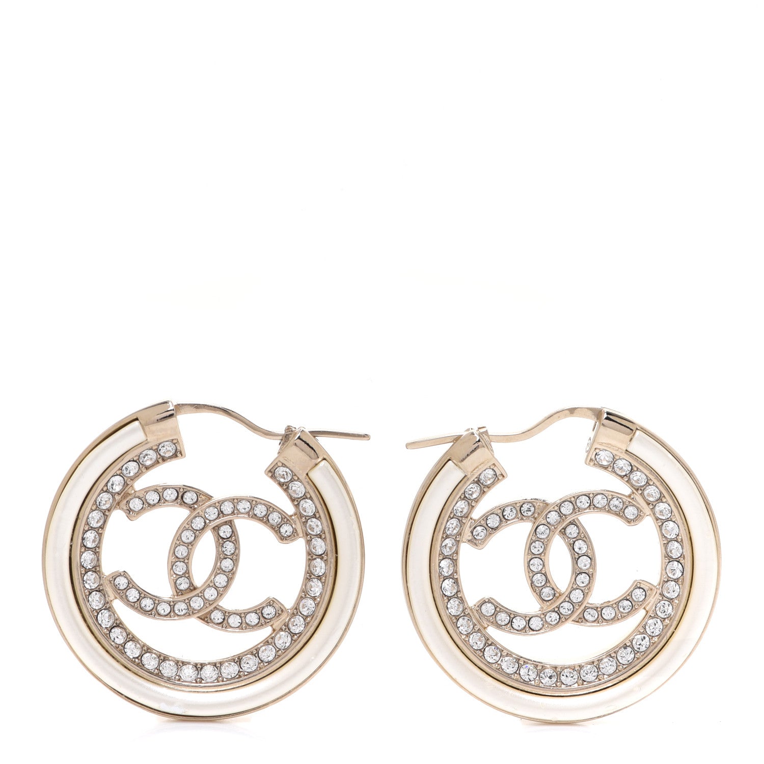 Chanel Metal Crystal Strass CC Hoop Earrings Gold 1 of 5