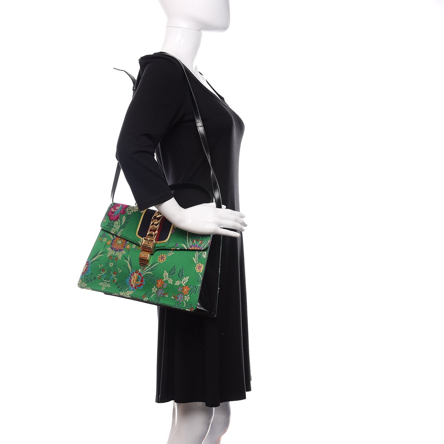 Gucci Jacquard Floral Medium Sylvie Top Handle Bag Green Multicolor Black 2 of 12