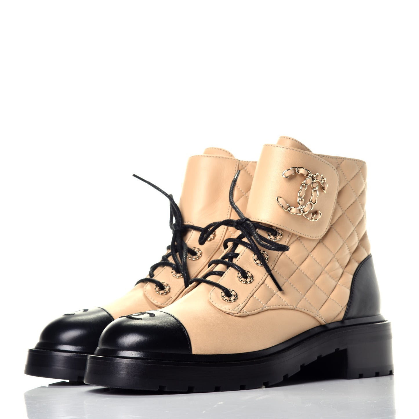 Lambskin Calfskin Quilted Lace Up Combat Boots 39.5 Beige Black