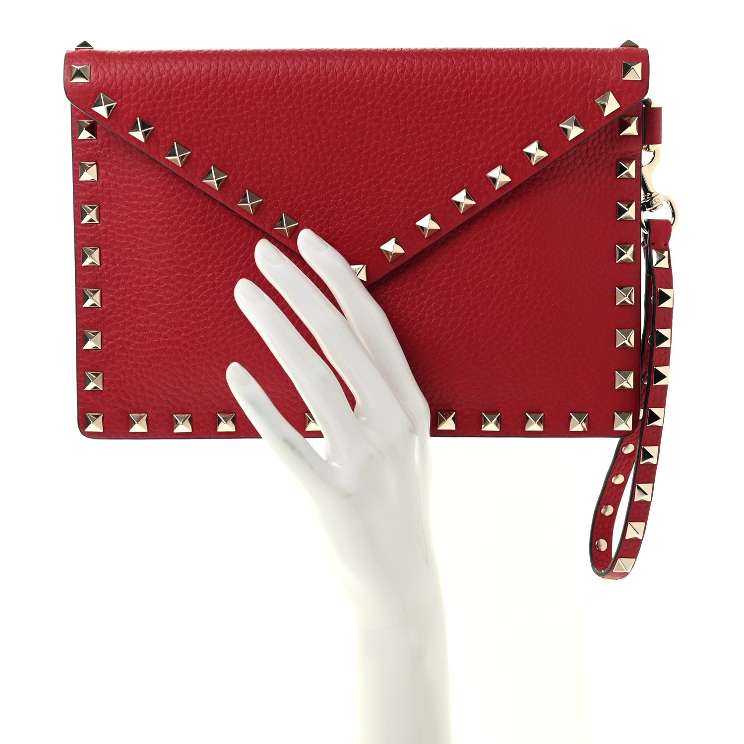 Valentino Garavani Pebbled Calfskin Medium Rockstud Envelope Flat Wristlet Pouch Red 2 of 8