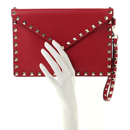 Valentino Garavani Pebbled Calfskin Medium Rockstud Envelope Flat Wristlet Pouch Red 2 of 8