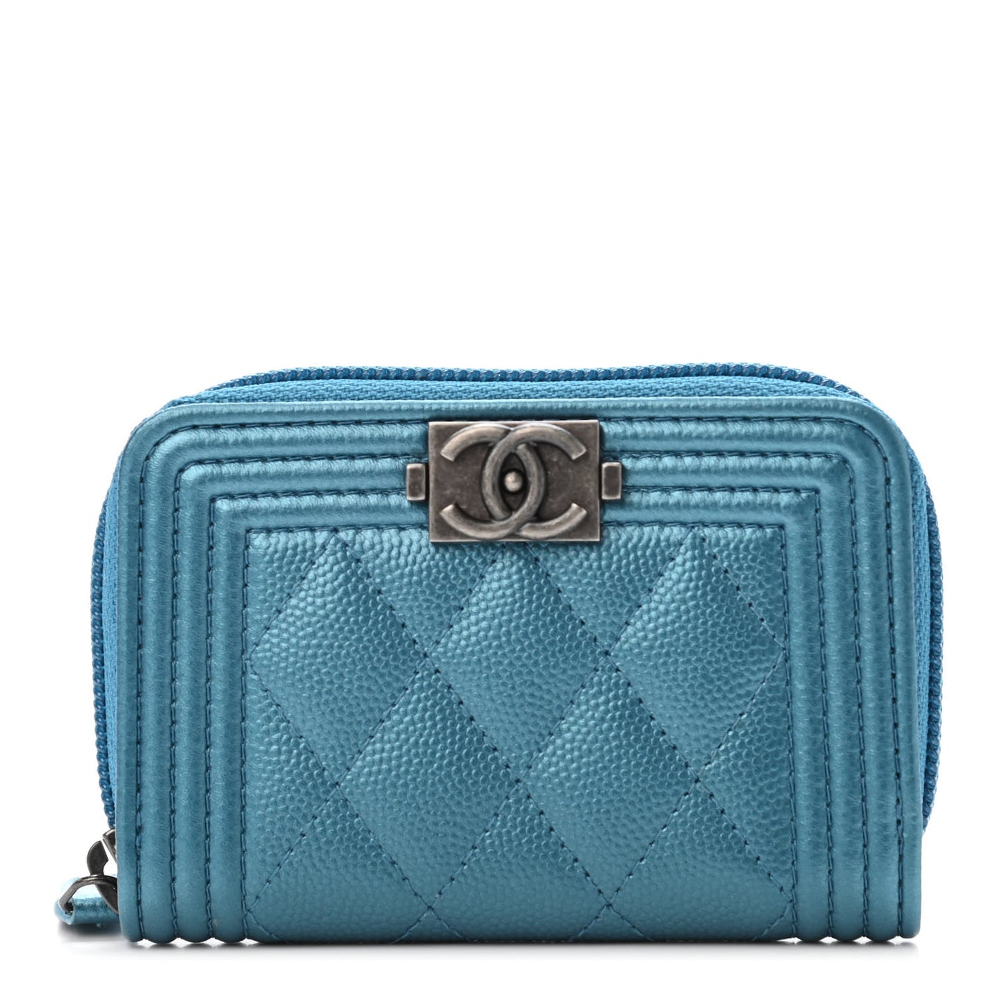Metallic Caviar Quilted Boy Zip Around Coin Purse Wallet Turquoise