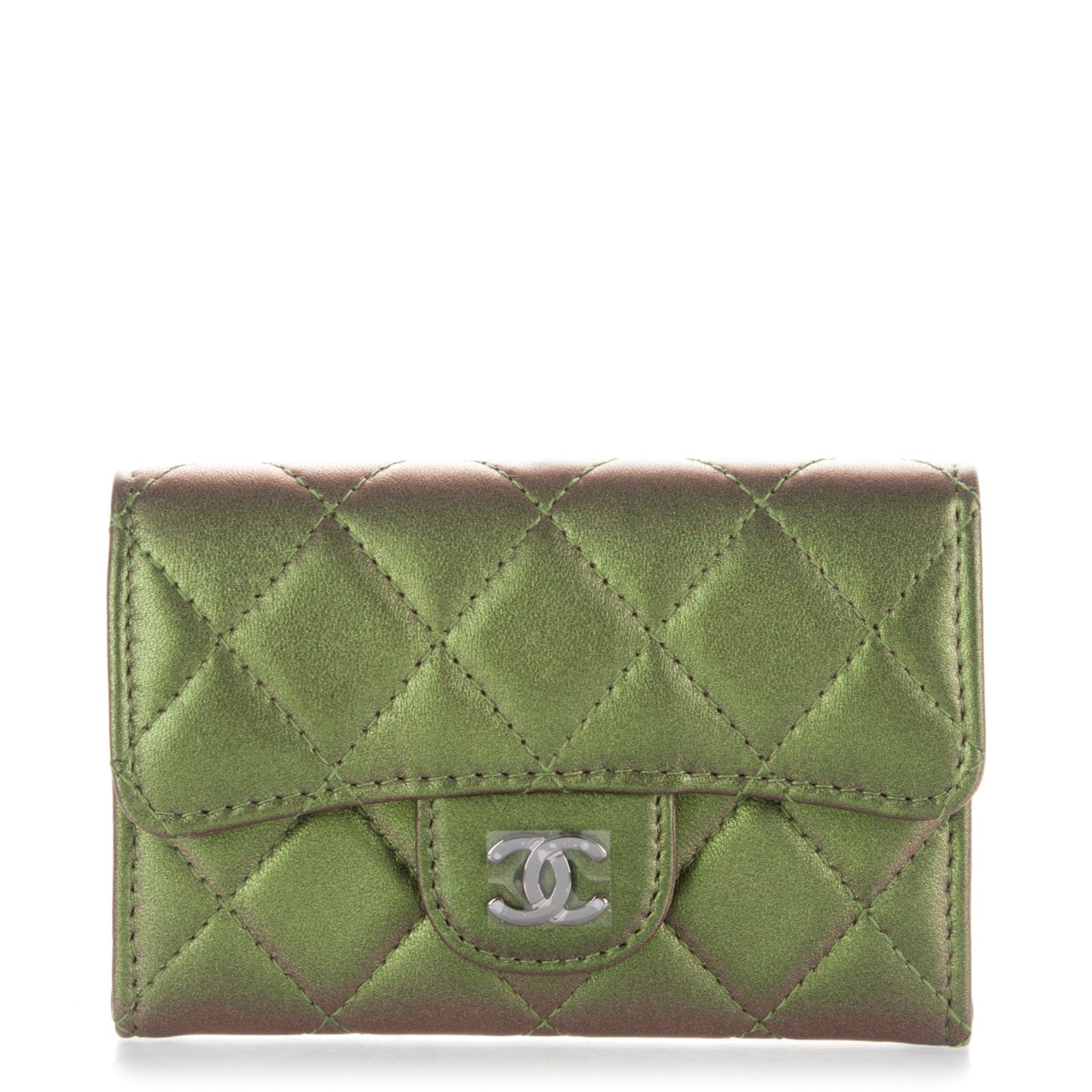 Metallic Lambskin Quilted Card Holder Green