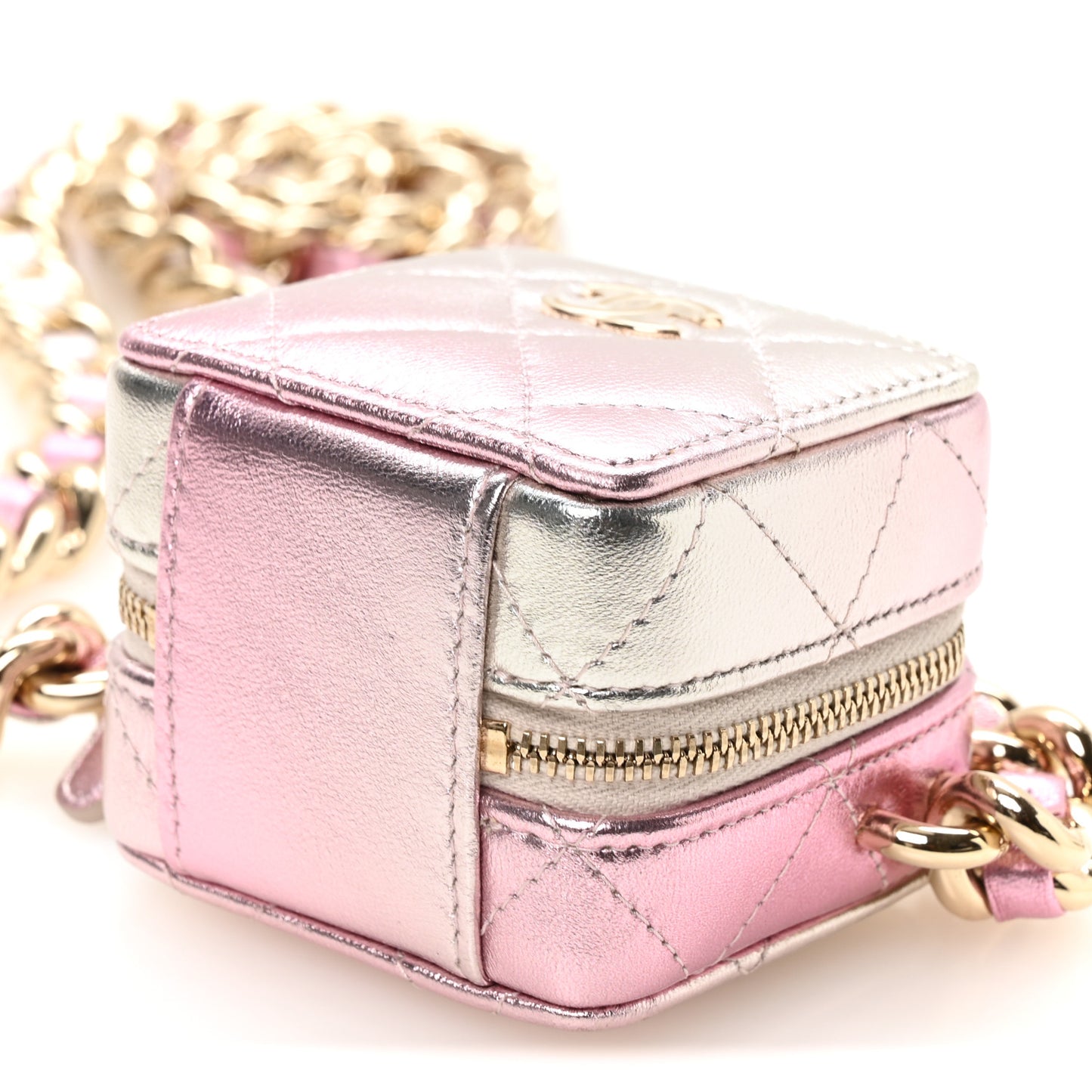 Gradient Metallic Lambskin Quilted Like A Wallet Clutch With Chain Gold Pink