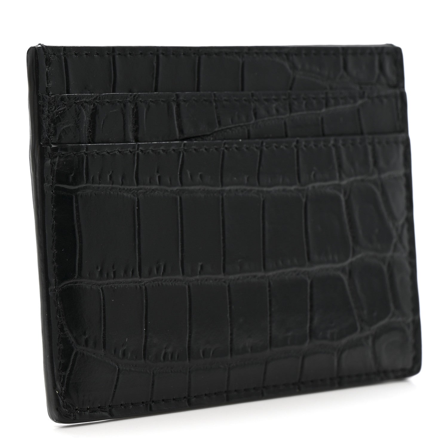Saint Laurent Calfskin Crocodile Embossed Monogram Tiny Cassandra Credit Card Case Black 3 of 7